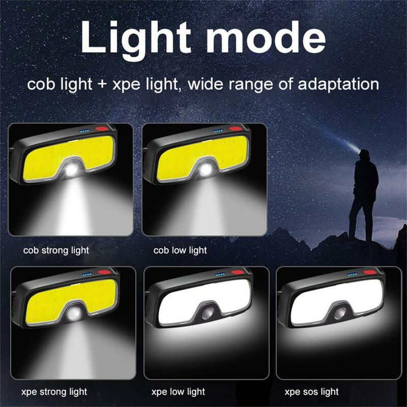 Cob Led Headlight Ipx5 Waterproof Type C Rechargeable Super Bright Head-mounted Flashlight Torch