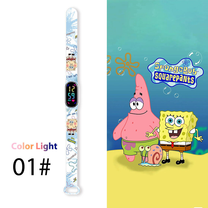 Jam tangan anak kartun SpongeBob, jam tangan anak Anime kotak LED, gelang sentuh tahan air, hadiah cerdas elektronik