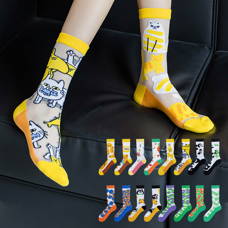 Japanisch Korea Stil lässig kreative transparente Kristall Seide Trend Frauen Socken Cartoon Frucht ultra dünne Glas Seide Socken Meias