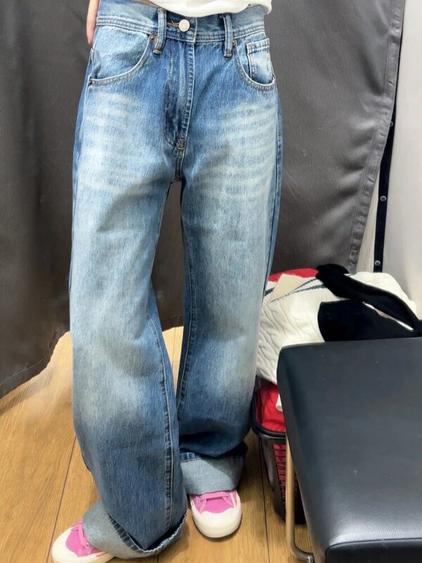 Женские джинсы в стиле ретро ADAgirl, синие прямые джинсы с высокой талией и широкими штанинами, модные брюки оверсайз в стиле хип-хоп, Y2k