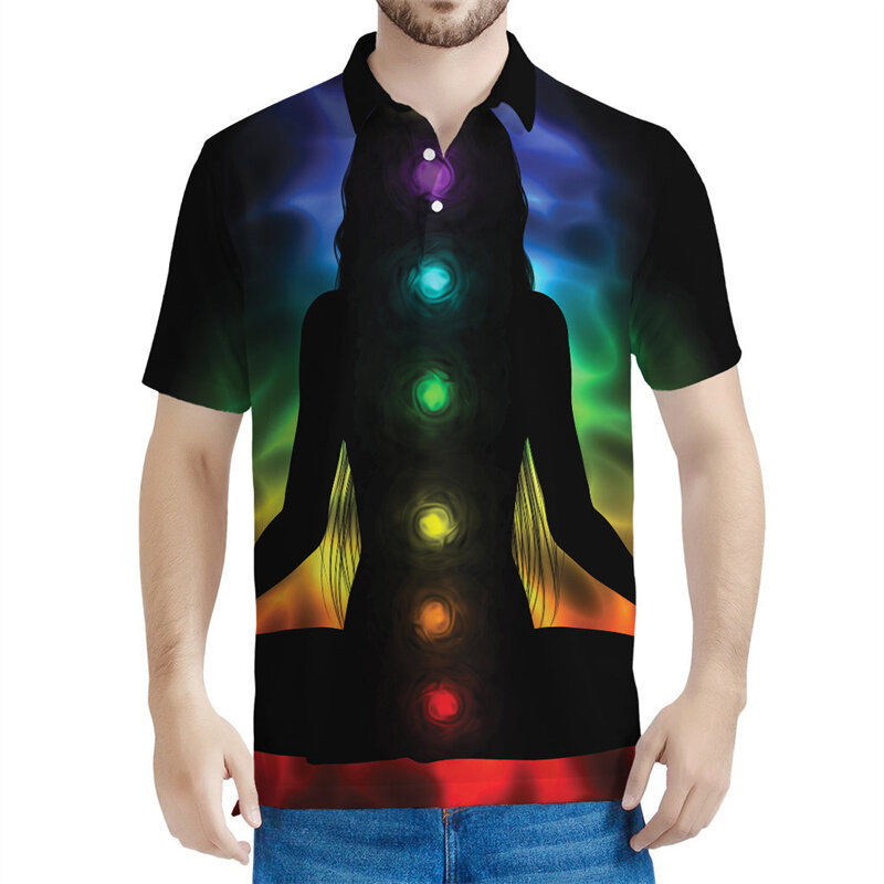 Polo con estampado 3D de Chakras del universo para hombre, Camiseta clásica con botones, ropa de calle de verano, camisetas de manga corta