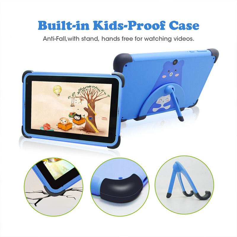 weelikeit Blue 7'' Android 11 Children Tablet  2GB 32GB 4-Core Tablet for Kids 1024x600 IPS Dual Wifi 5G 3000mAh with Tab Holder