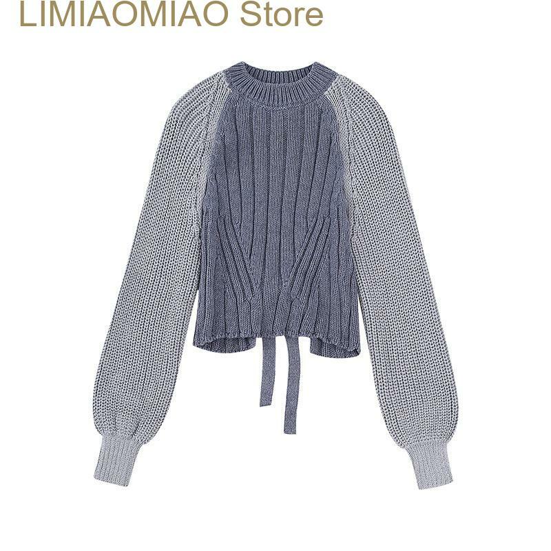 Sweter Pullover rajut perca untuk wanita, pakaian pendek bertali modis, mantel kasual kerah bulat musim gugur dan musim dingin untuk wanita