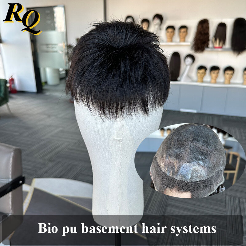Pre-styled Cut sistem rambut manusia pria Bio Pu Toupee ruang bawah tanah untuk pria rambut palsu pria sistem pengganti rambut manusia Virgin