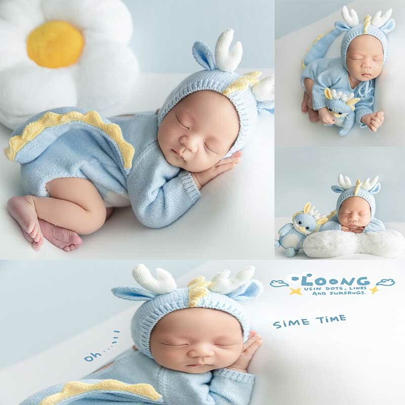 Light Blue Dragon Baby Photography Clothing,Infiant Sunflower Pillow Photo Prop,For Newborn Studio Shooting Pose  Accessories
