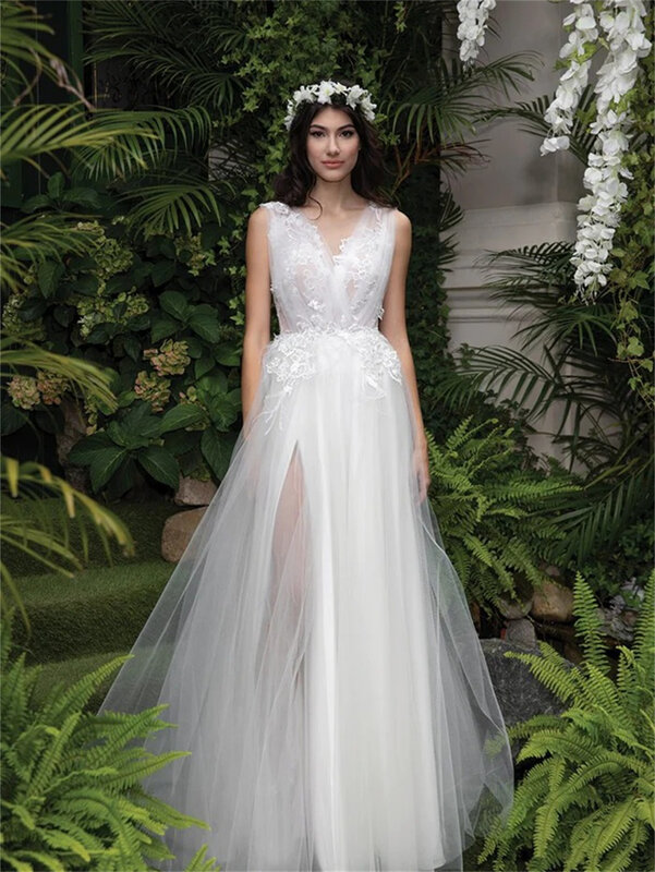 Klassisches Tüll kleid 2024 charmante ärmellose A-Linie Abendkleider elegante tiefe boden lange Kleider mit V-Ausschnitt vestidos de novia