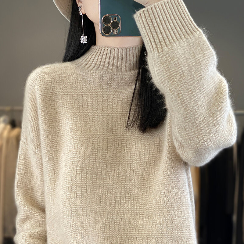 여성용 뜨게 캐시미어 스웨터, 하프 높이 칼라, 두껍고 루즈하고 따뜻한 풀오버, 가볍고 부드러움, 고품질, 2024 신상