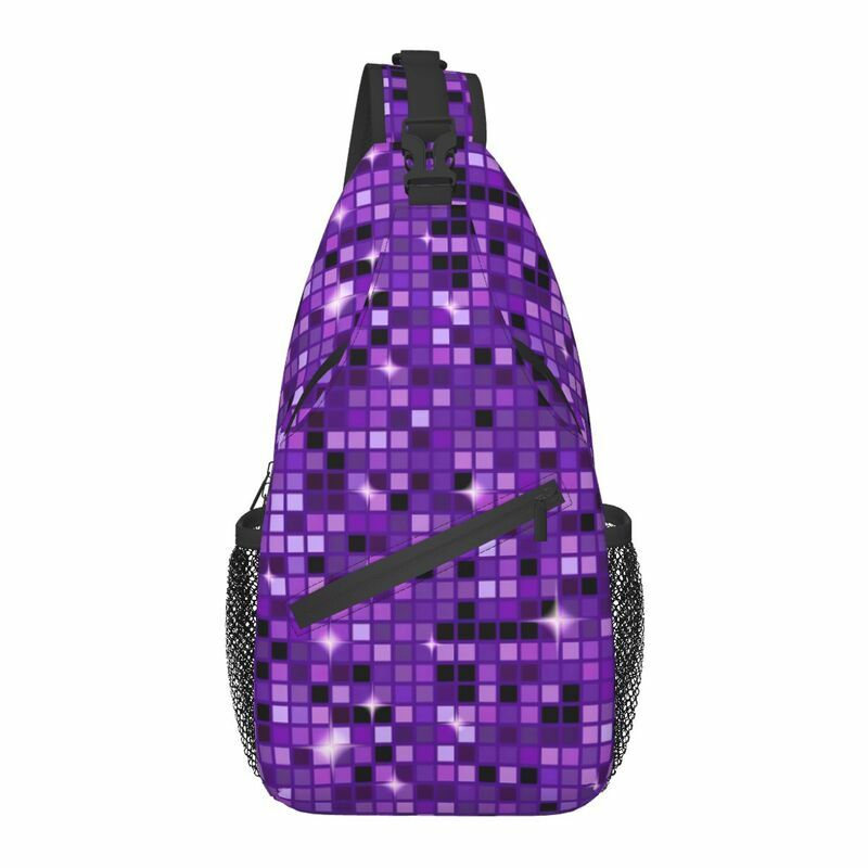 Purple Disco Ball Glitter Crossbody Sling Backpack Men Custom Chest Shoulder Bag for Traveling Daypack