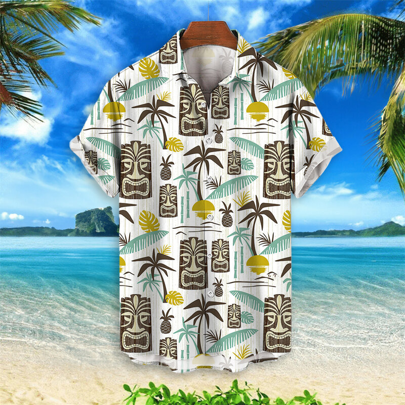 3d Tiki Print Hawaiian Shirts For Men Retro Men's Shirt Loose Casual Male Clothing 2024 New Fashion Trend Man Short Sleeve Shirt