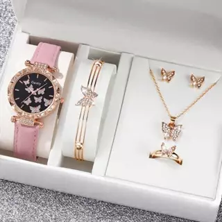 5PCS  Women  Black Leather Strap Quartz Clock Fashion Ladies Jewelry Wristwatches Set