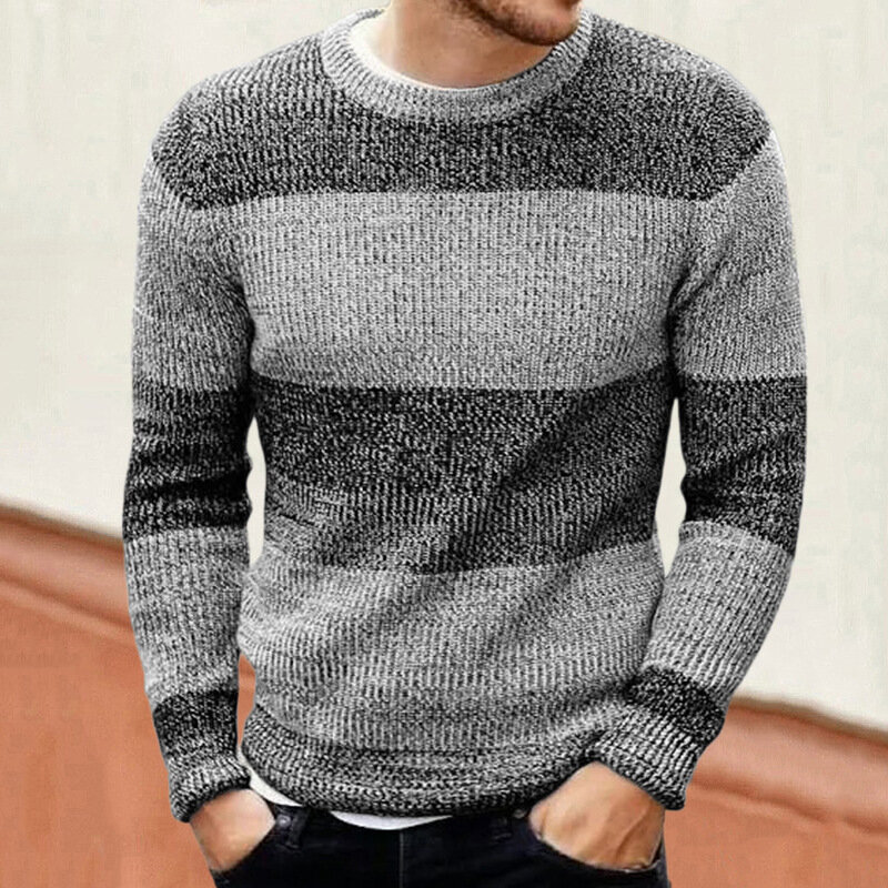 Sweater Pullover pria, atasan Sweater bergaris lurus lengan panjang leher O musim gugur musim dingin