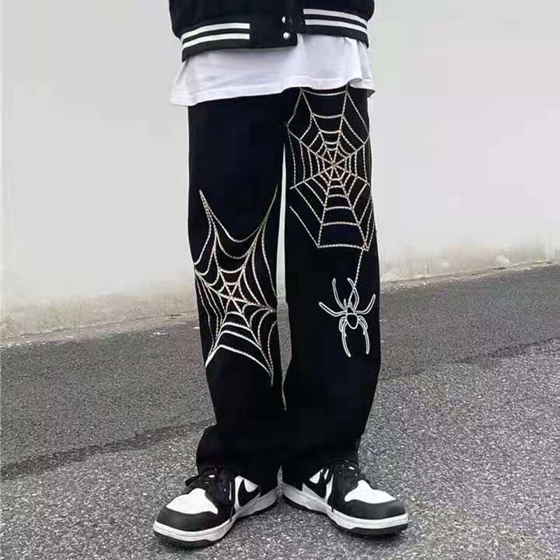 Casual jeans spider web embroidery straight men and women vibe style hole oversized loose denim trousers streetwear black jeans