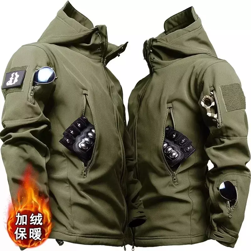 Conjunto de terno tático militar masculino, jaquetas com capuz impermeável multi bolso macio shell, calças de trabalho pele de tubarão, inverno
