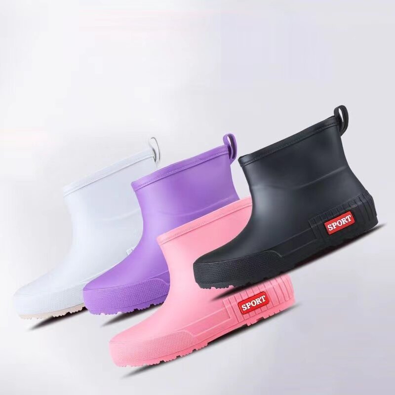 Sapatos de chuva de sola plana alta para mulheres, sapato de trabalho impermeável antiderrapante macio, sapatos de água de tornozelo, 4 estações, frete grátis, novo