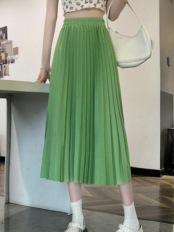 Summer Fashion Pleated Skirt Women Elastic High Waisted Mid Length A-line Long Gothic Mujer Dance