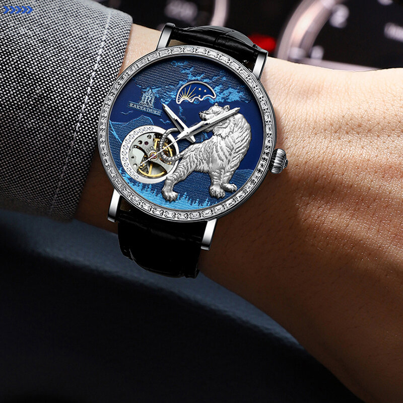 3D резной циферблат тигра W/Алмазный Скелет механические часы для мужчин Tourbillon Moonphase автоматические мужские часы Reloj Hombre 2022