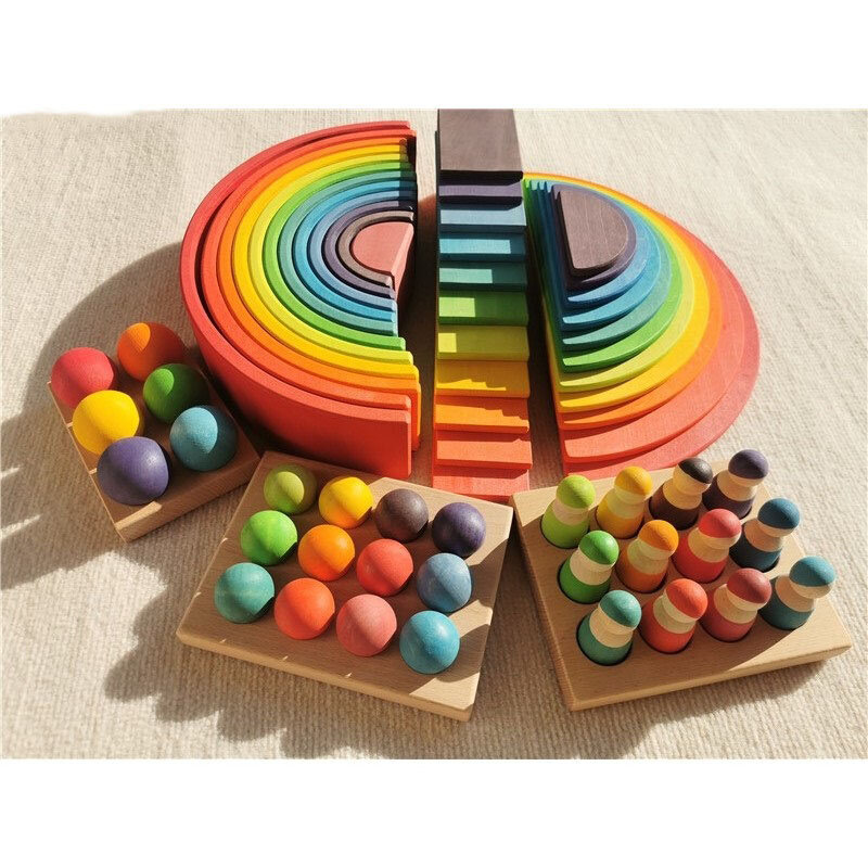 Juguetes de madera de alta calidad para niños, bloques de apilamiento de arco arcoíris de madera de Lima, clavija de clasificación de Semi Color, muñecas, listones de bolas