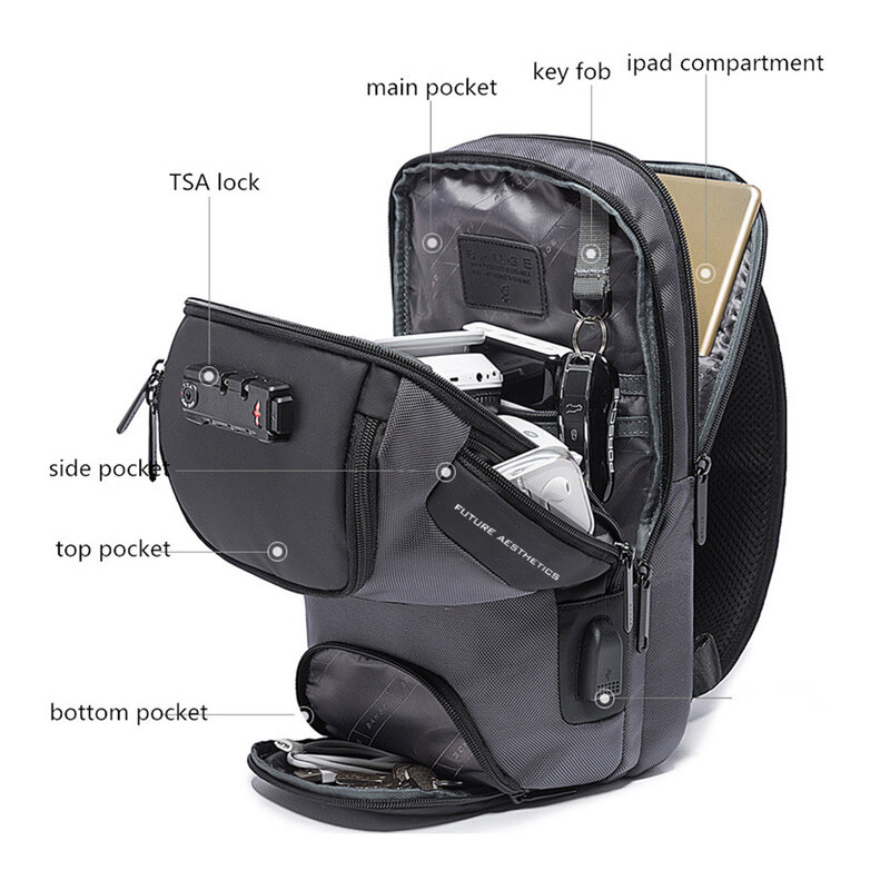 Bolsa de ombro crossbody para homens, anti roubo, grande capacidade, carregamento USB, saco de viagem sling, se ajusta na almofada de 9"