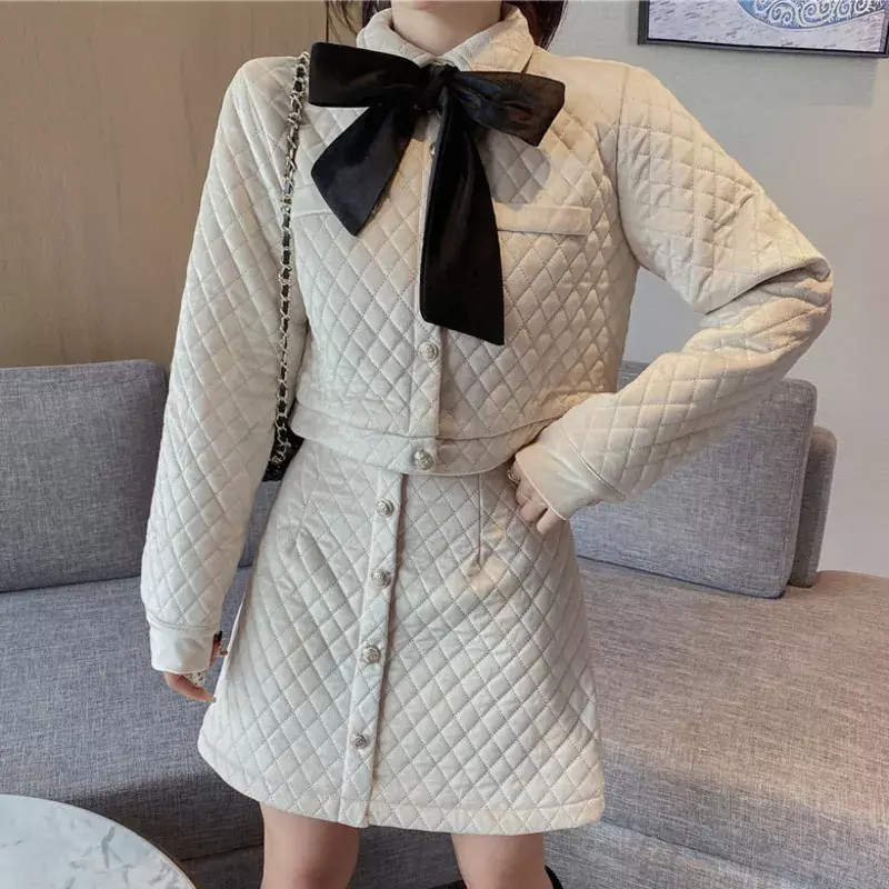 여성용 두꺼운 따뜻한 빈티지 투피스 세트, 활 짧은 재킷 코트 및 바디콘 스커트 수트, 앙상블 팜므, 가을 겨울