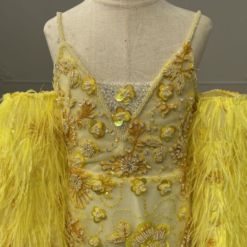 Children's yellow fashionable flower embroidered suspender fishtail dress