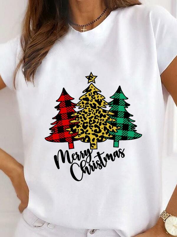 Camiseta con estampado de árbol a cuadros para mujer, ropa básica de manga corta de Año Nuevo, Camisetas estampadas de Navidad