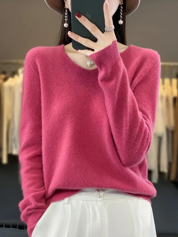 2024 Новый женский базовый пуловер с V-образным вырезом, свитер из 100% мериносовой шерсти с длинным рукавом, кашемировая трикотажная одежда, осенне-зимняя женская одежда, топы