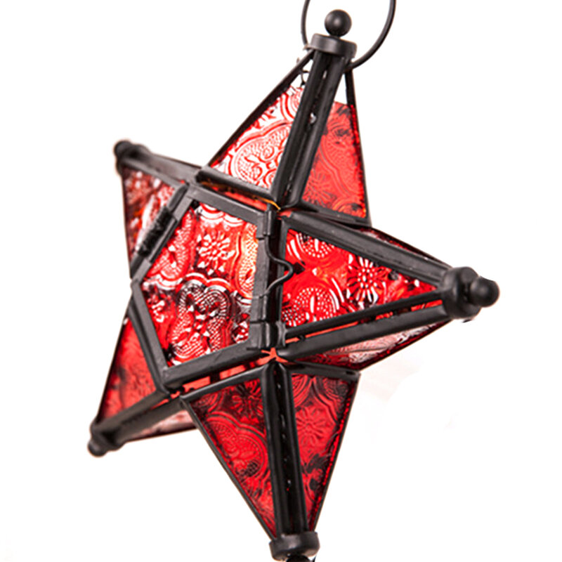 Estilo marroquino pendurado suporte de luz, vidro colorido tealight, forma de estrela, interior e exterior, decoração home, vento
