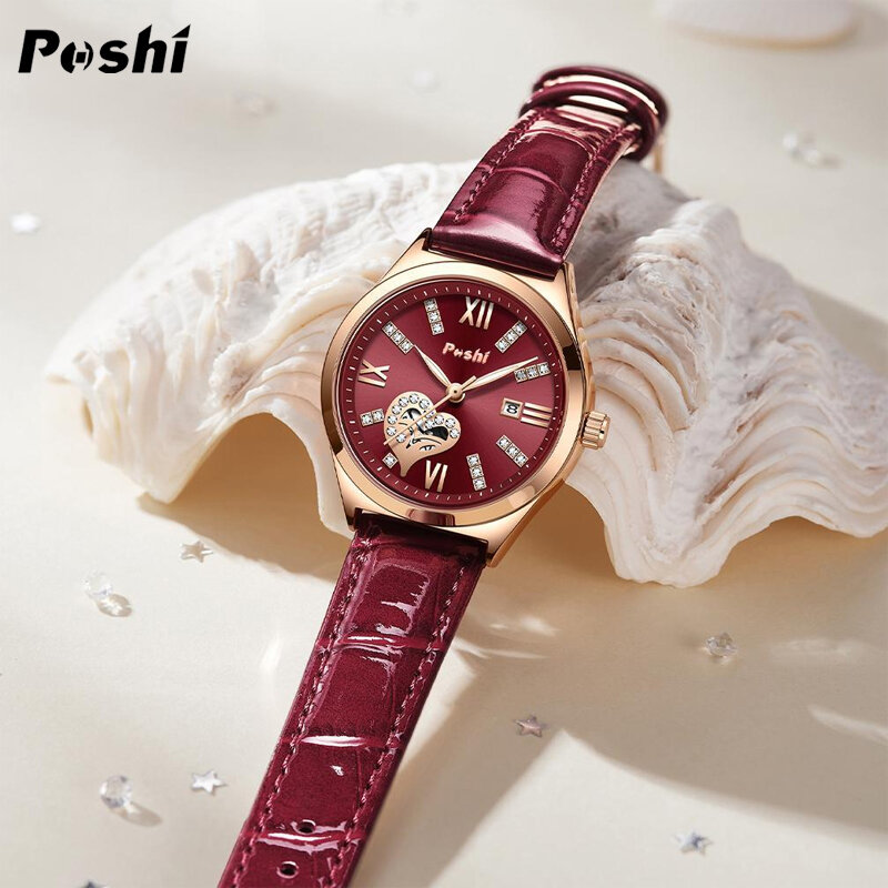 Poshi นาฬิกาแฟชั่นสำหรับผู้หญิงนาฬิกาควอทซ์สบายสร้อยข้อมือหนังหน้าปัดเพชรนาฬิกาข้อมือนาฬิกาสตรีวันที่