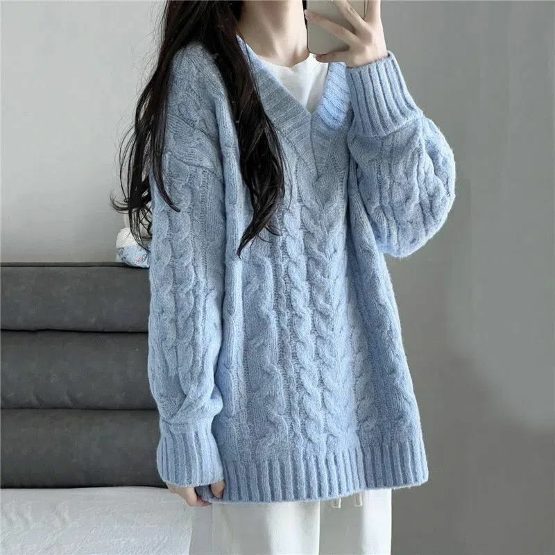 Новинка Осень 2022, модный синий пуловер в стиле ретро с V-образным вырезом, свитер, Женский Свободный Вязаный топ, эксклюзивная одежда, простой стиль