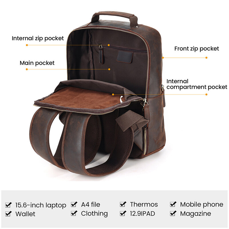 حقيبة ظهر من الجلد الطبيعي للرجال ، كمبيوتر محمول مع شحن USB ، حقيبة سفر عادية ، حقيبة مدرسية ذكية ، 15.6"