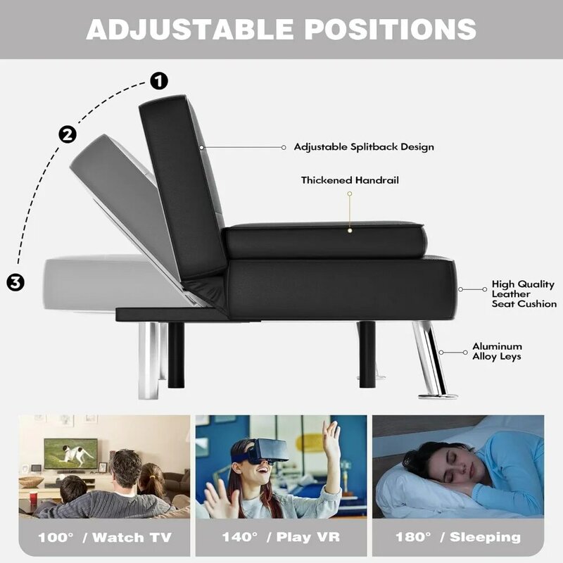 Sofá cama con reposabrazos extraíble, sillón reclinable ajustable, 2 portavasos para sala de estar (cuero, negro)