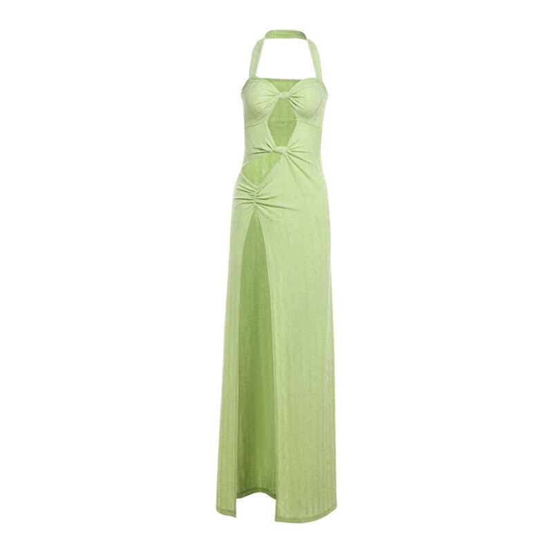 Zielona damska sukienka na studniówkę bez rękawów letnia długa, maksi suknia wieczorowa obcisła dopasowana boczne rozcięcie luźna spódnica z wycięciami