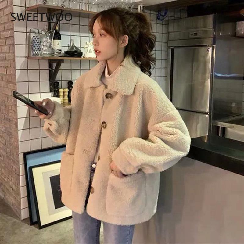 Mantel Wol Domba Musim Gugur Musim Dingin Wanita Korea Kerah Lipat Mantel Teddy Perempuan Harajuku Jaket Bulu Palsu Hangat Pakaian Luar Alami