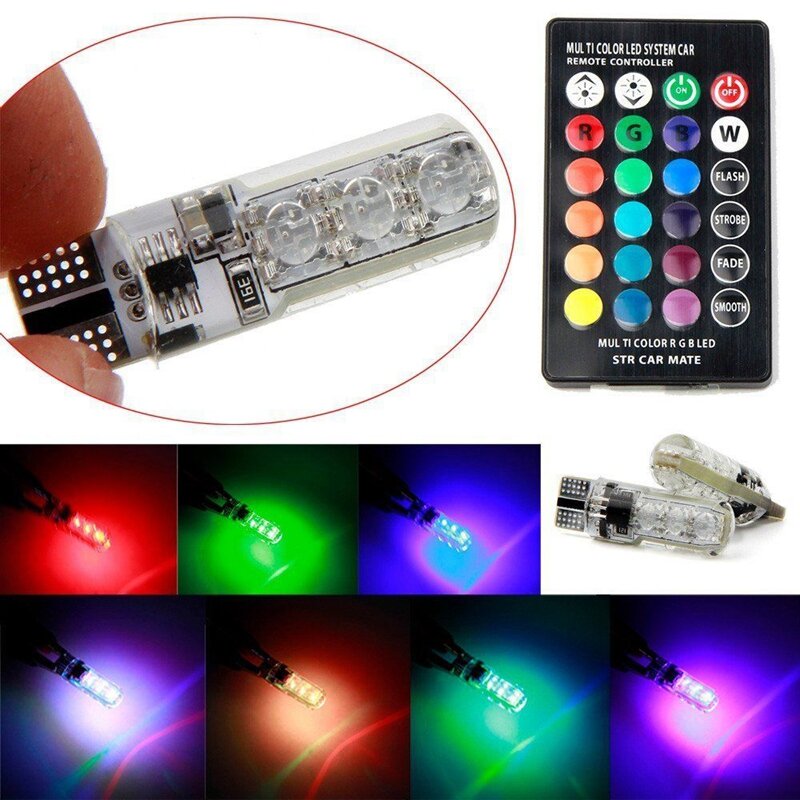 T10 5050 6SMD RGB 2 PCS LED Multi Color Light Car Wedge Automotive Bulbs Flash Remote Control