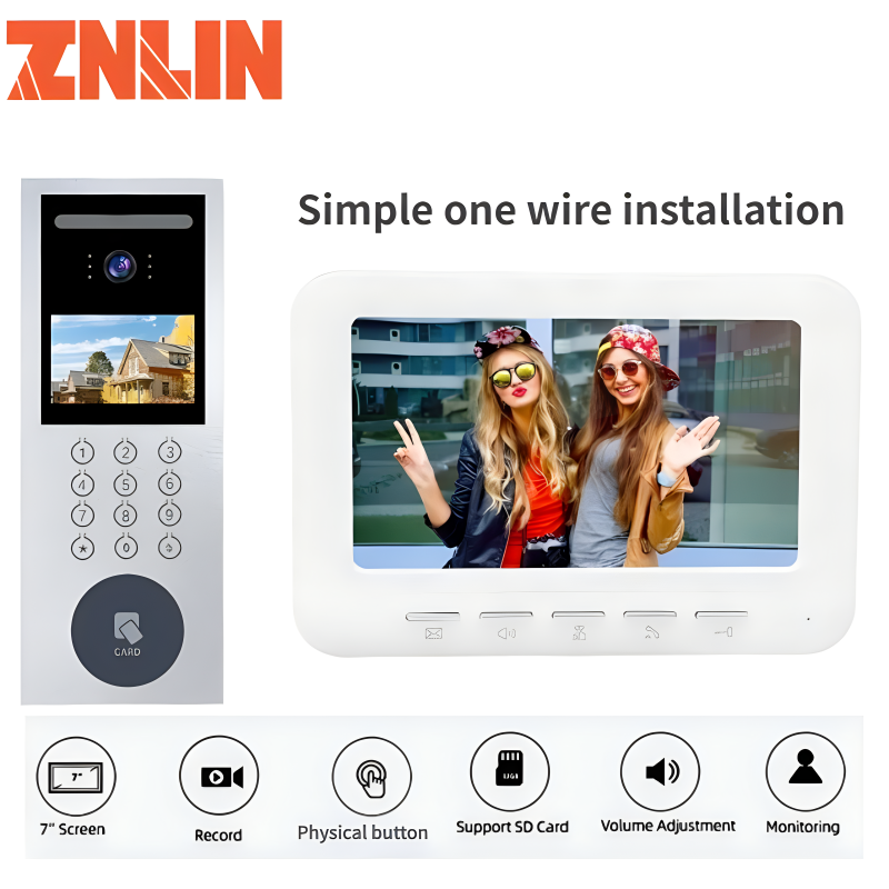 7Inche LCD Screen Physical Button Video Intercom System Monitor Doorphone with IR Vision Remote Unlock Face Recognition Function