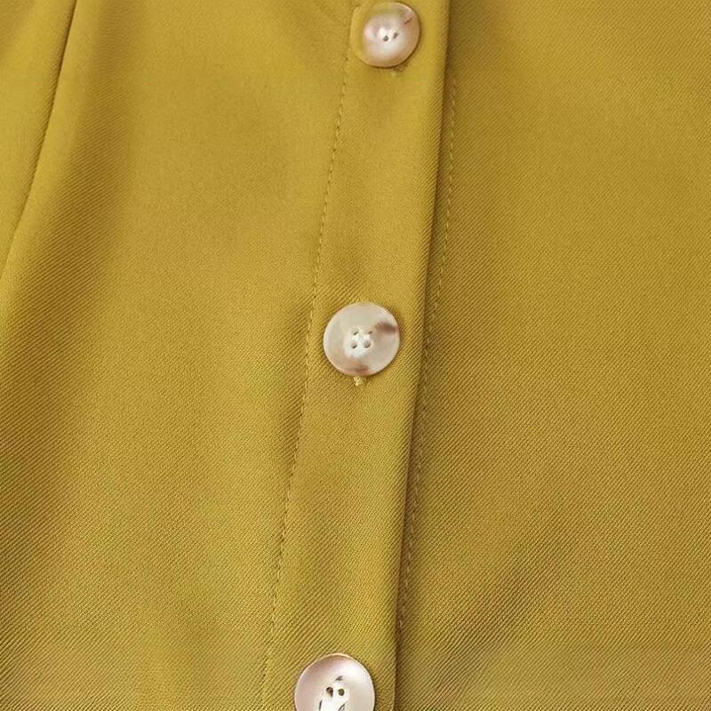 Revers Lange Mouw Shirt Jurk Vrouw Gember Geel Elegante Geplooide Taille Mini Jurk Lente Mode Dame Casual Woon-Werkkleding