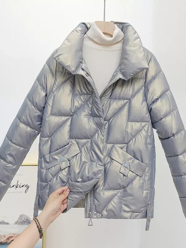 Giacca donna Parka invernale donna piumino lucido in cotone colletto alla coreana Casual caldo Parka cappotto corto Outwear cappotto donna giacca invernale
