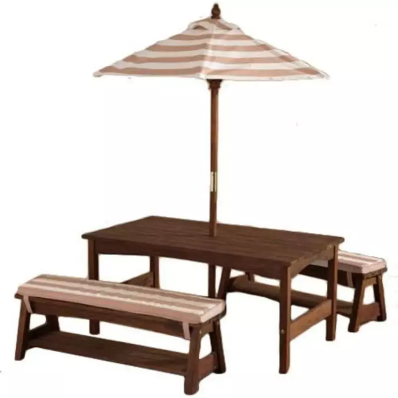 クッションと傘付きの木製テーブルとベンチセット,庭の家具,パティオ用,送料無料
