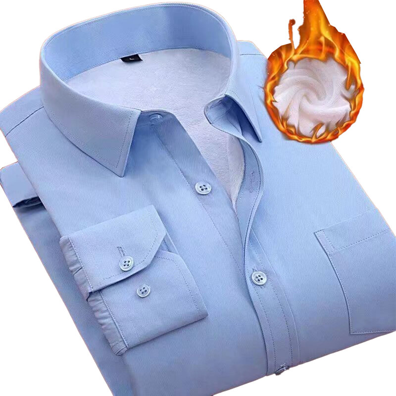 Camisa de forro de pelúcia manga longa masculina, camisa de botão formal, vestido relaxado de negócios, casamento