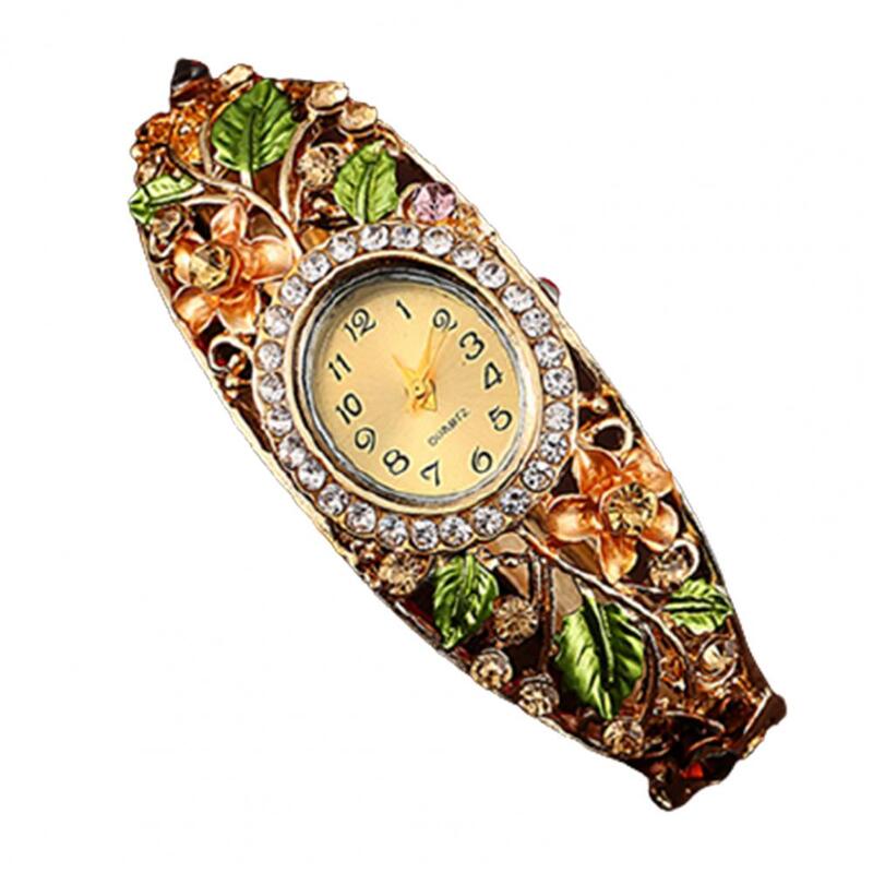 빈티지 캐주얼 뱅글 드레스 시계, 인조 크리스탈 합금 예쁜 꽃 패턴 팔찌 시계