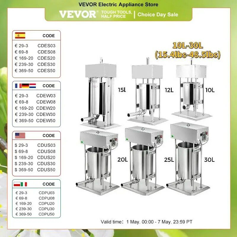 VEVOR 10-30L Vertical Sausage Stuffer Automatic Filling Machine Food Processors Kitchen Accessories Home Appliance for Hot Dog