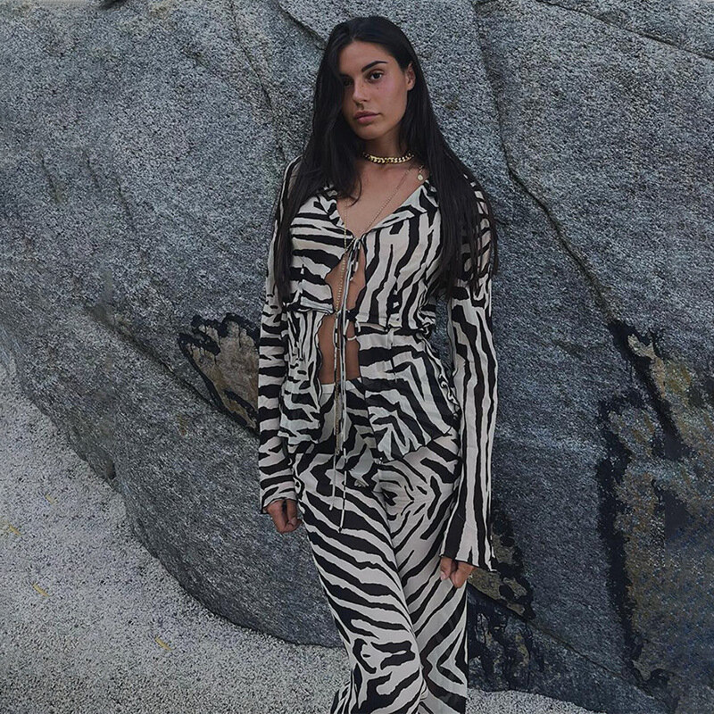 Zebra Striped Print Bandage Y2k Long Sleeve Top Shirts and Pants Suit Sexy Casual Two Piece Set Beach Outfits Tracksuit Women