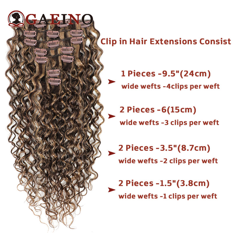 Water Wave Clip In Hair Extensions for Women, Castanha, Destaques Loiro Bronzeado, Cabelo Encaracolado, 7Pcs Set