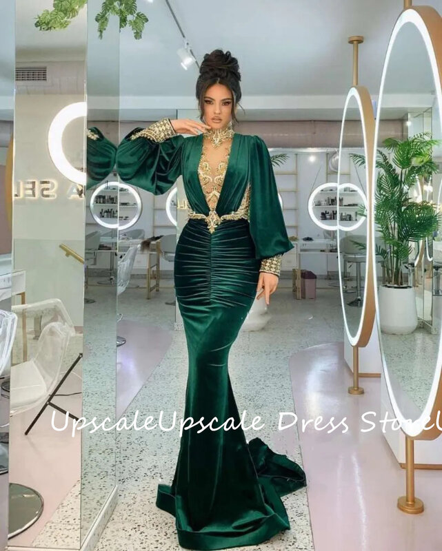 Elegancka aksamitna suknia wieczorowa zielona długie bufiaste rękawy syrenka Plus Size wykonana na imprezę sukienka Vestidos De Gala 2023 فساتين حفلات للبنات