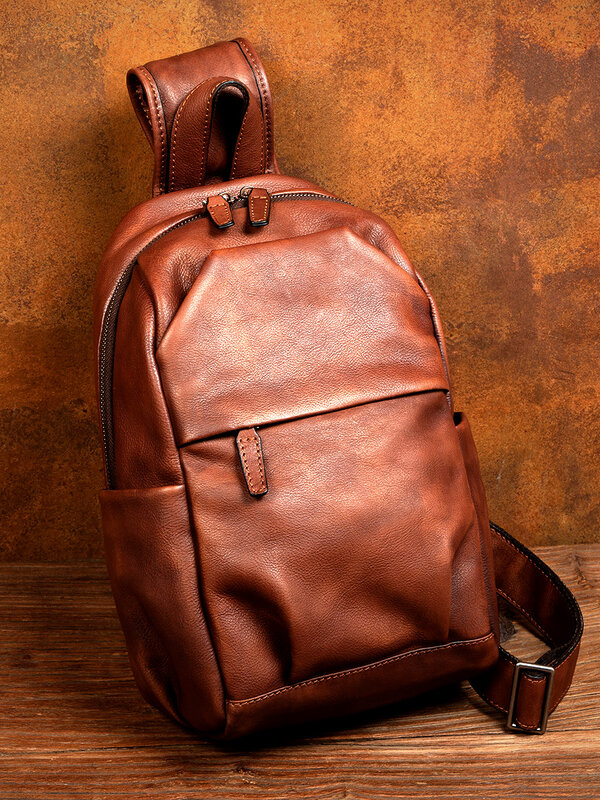 Bolsa de couro genuíno no peito, bolsa artesanal em camadas de cabeça, bolsa plissada velha masculina, viagem, grande capacidade, capa de passaporte carteira