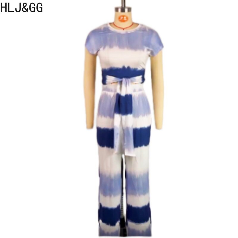 HLJ & GG 여성용 그라디언트 프린트 와이드 레그 팬츠 투피스 세트, 라운드 넥 반팔 붕대 탑 및 바지, 패션 의상 2024