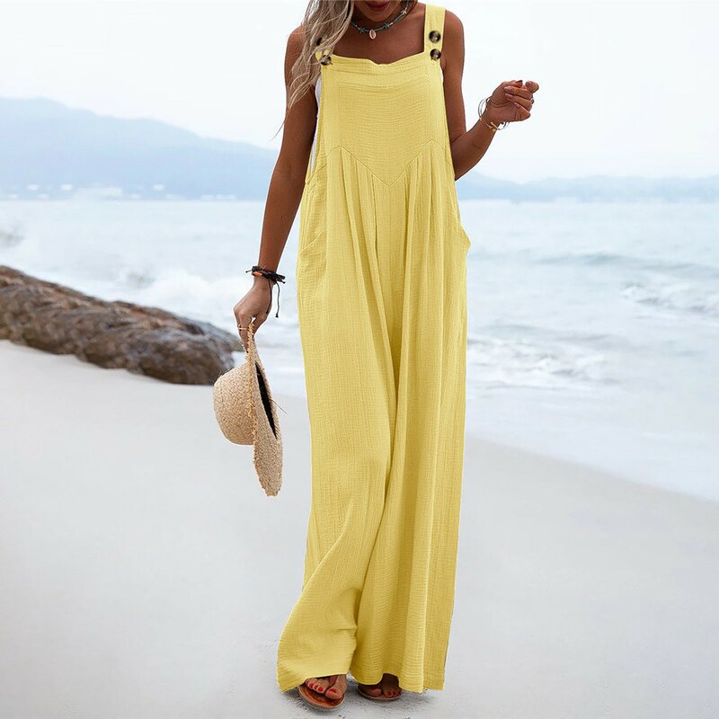 Solid Colors Strap Wide Leg Pockets Jumpsuits Pants Loose Casual Bohemian High Waist Sleeveless Woman Summer Dungarees Overall