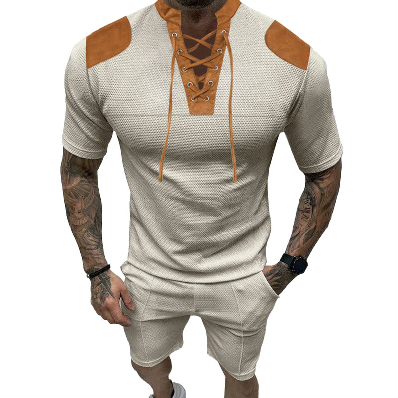 Conjunto de moda cómoda para hombre, camiseta de verano, chándal con cuello en V, bloque de color informal, cómodo para verano, poliéster Regular