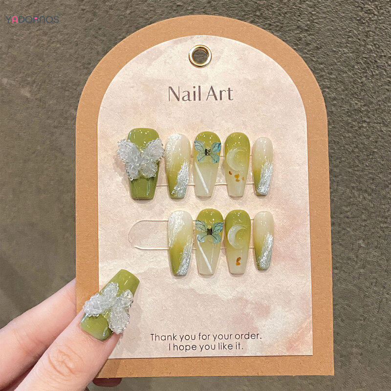 Gradiente verde fatto a mano stampa sulle unghie Glitter cristallo farfalla progettato unghie finte Ballerina unghie finte indossabili per le donne