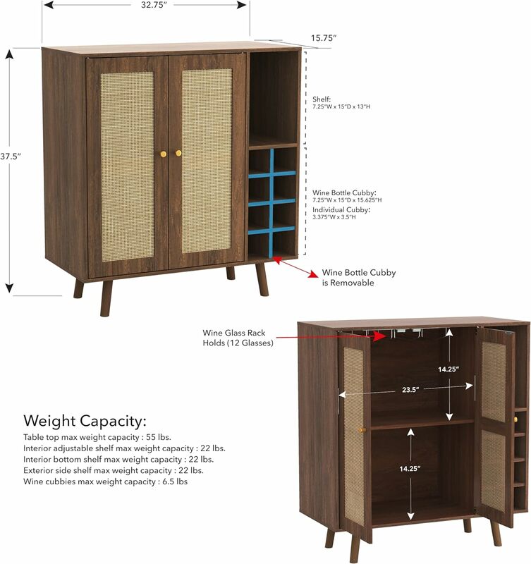 Boho Mid-Century Rattan Painel Bar Armário, Armazenamento com Acabamento De Noz, Sólido De Pinho Madeira, Tecido À Mão, 32.68 "L x 15.75" W x 35.83 "H